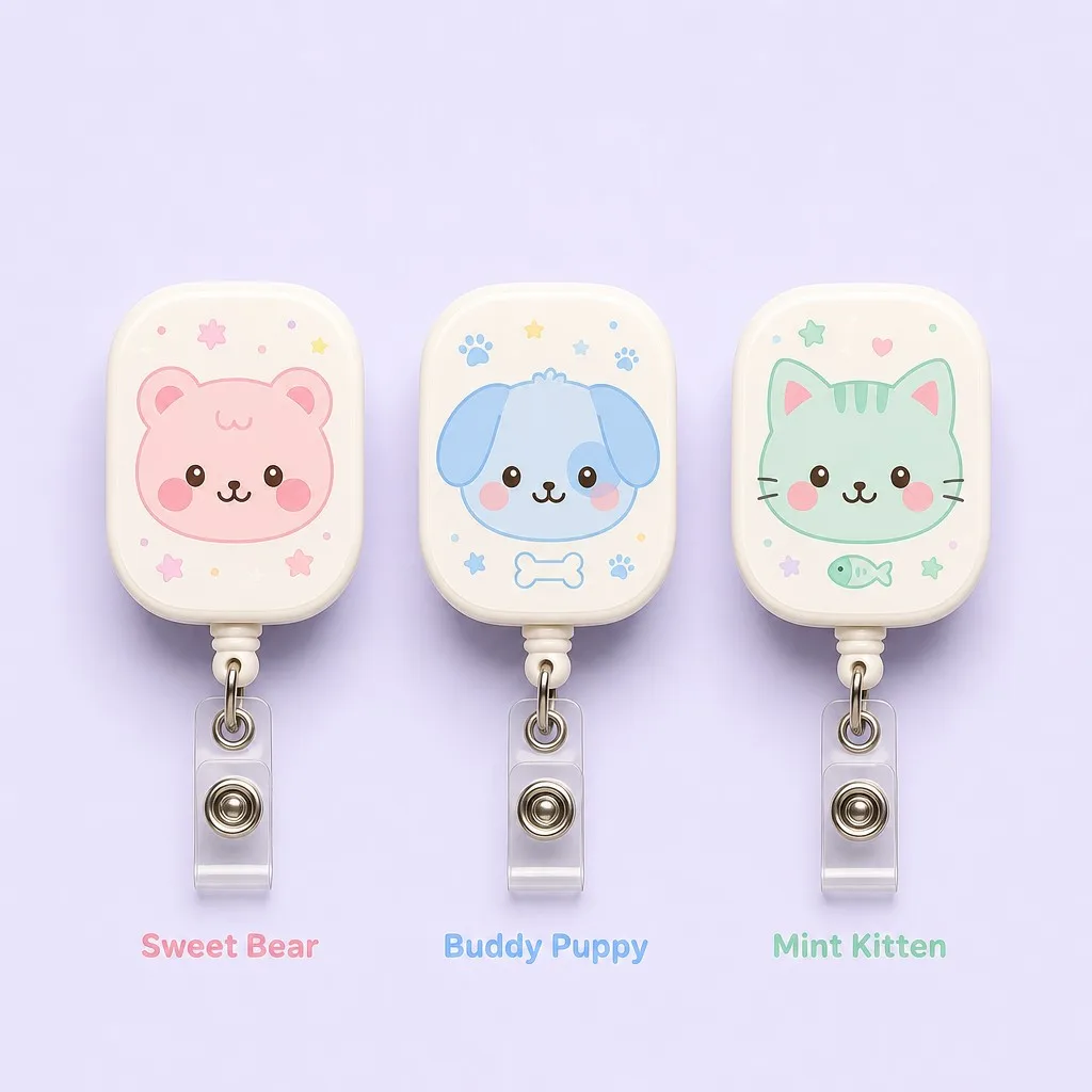 Pink bear cartoon badge reel front view
