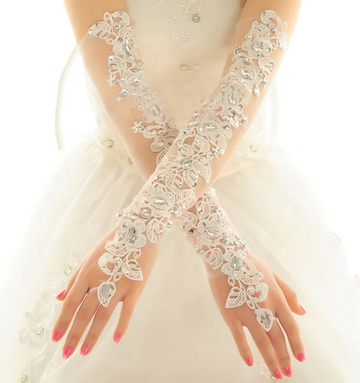 

Hot Cheap White Ivory Fingerless Rhinestone Lace Sequins Short Bridal Wedding Gloves Wedding Accessories