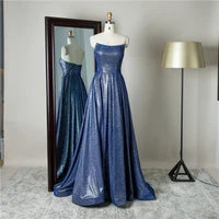 

Jacquard fabric shiny square collar strapless evening dress blue prom dress for ladies