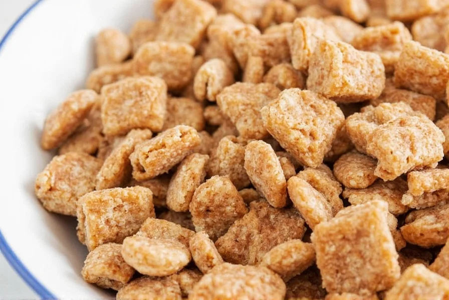 Close-up of homemade cinnamon toast crunch cereal in a white bowl with cinnamon sugar coating visible on crispy rice pieces