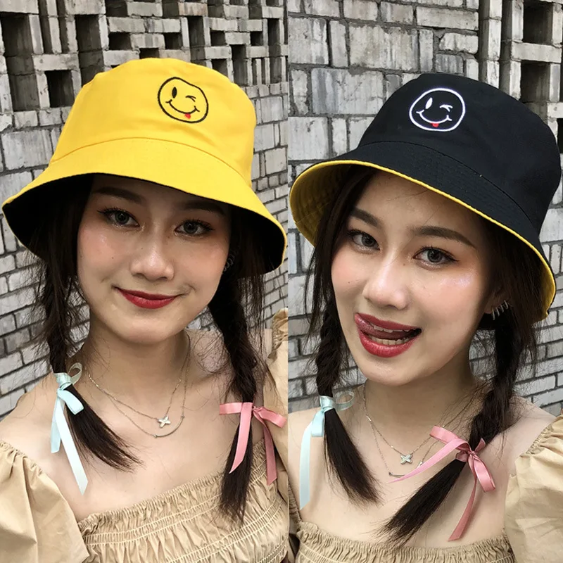 SMILE face Fisherman Reversible Bucket Hat Embroidery Smiling Face Unisex Panama Bob Cap Hip Hop Gorro Men Summer work hat