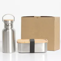 

plain metal steel lunch box kids stainless steel food compartment leak proof bento lunch box bottle wooden lids