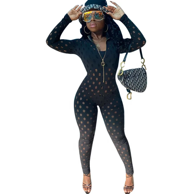 

Club Fashion Streetwear Long Sleeve Web Zipper Patchwork Jumpsuits Autumn Winter Hollow-Out Sexy Women Romper