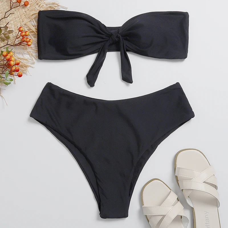 

Best Selling Bowknot Custom Bikini Two Pieces Strapless Black Solid Swimming Costume 2020 Lady Sexy Swimsuit