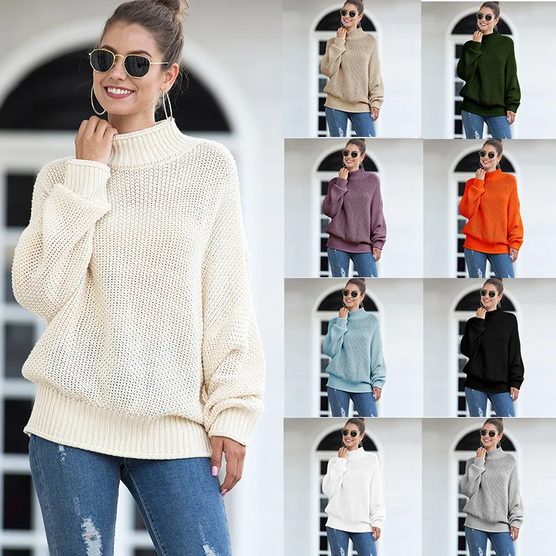 

New Style Europe and America Autumn Turtleneck Long Batwing Sleeve Loose Solid Color Chunky Pullover Knitted Women Sweater Tops, Customized color