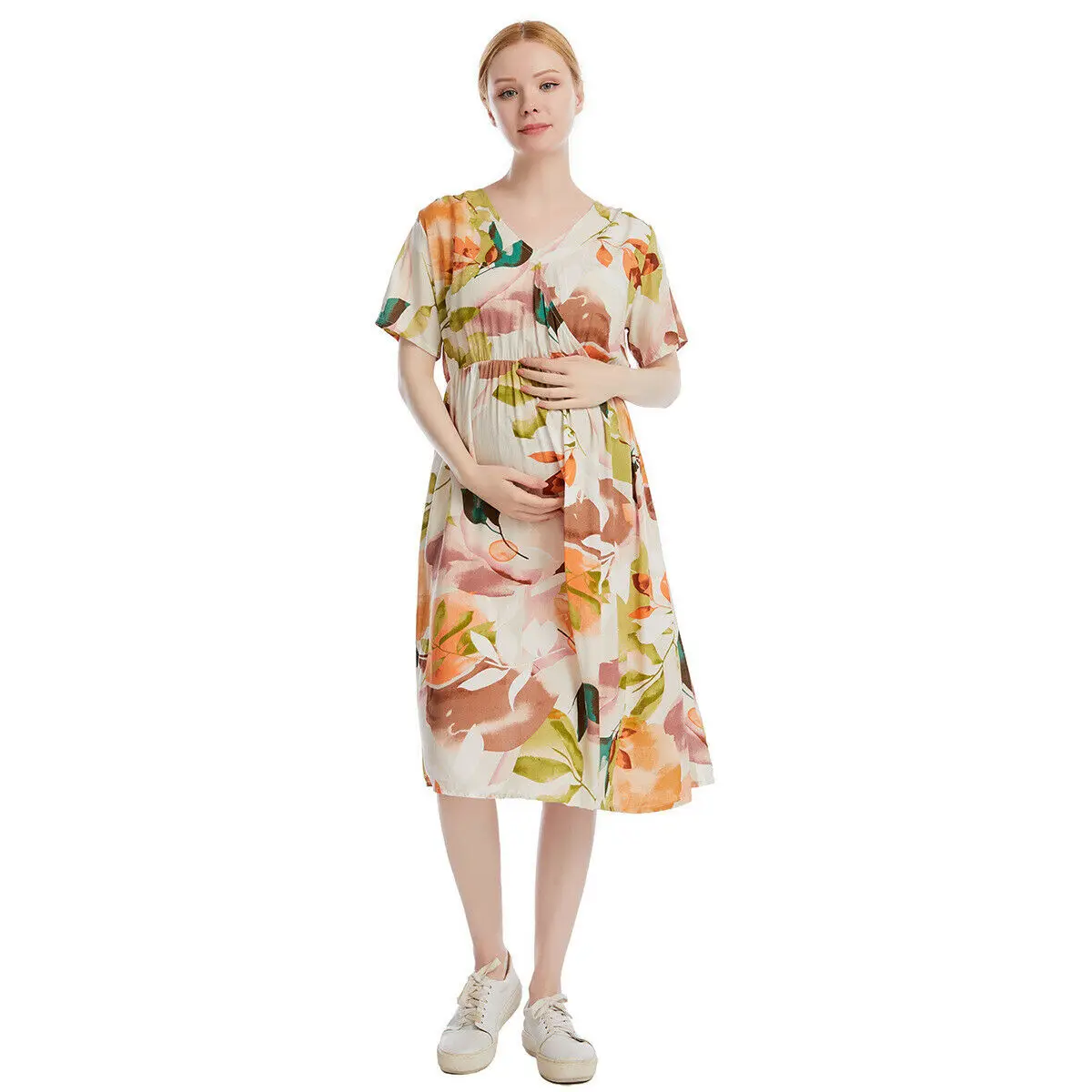 

Hot Sales Pregnancy Women Print Short Sleeve Casual Maternity Dress V Neck Tunic Midi Dresses Clothing