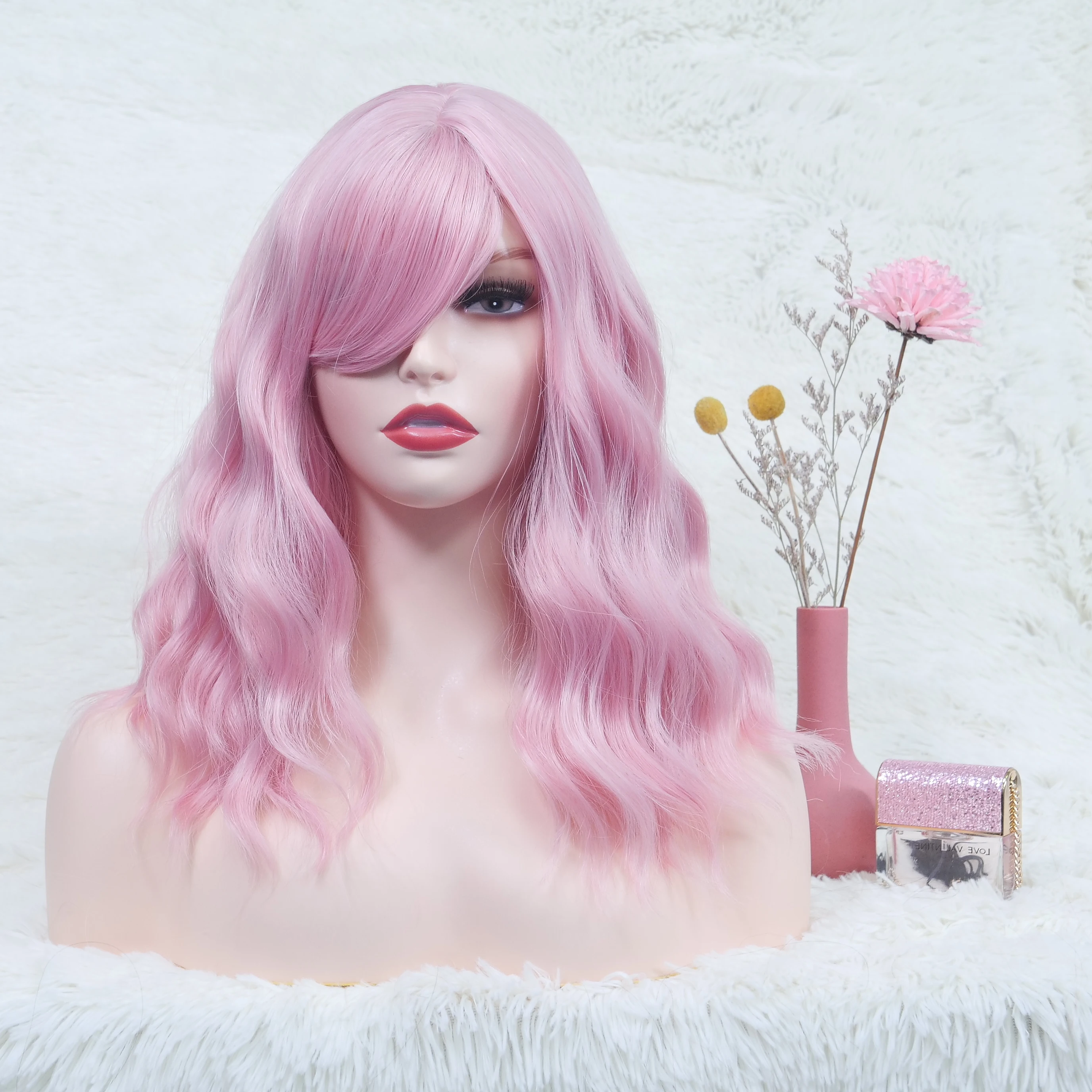 

Pastel Wavy Wig With Bangs Women's Short Bob Wig Curly Wavy Shoulder Length Pastel Synthetic Cosplay Wig for Girl, Photo color