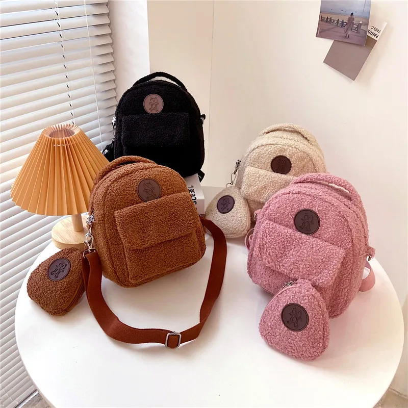 

KALANTA Children Travel Rucksacks Girls Casual Lamb Fleece Women Bagpack Cute Bear Shaped Mini Coin Purse Shoulder Backpack Sets, Customized color