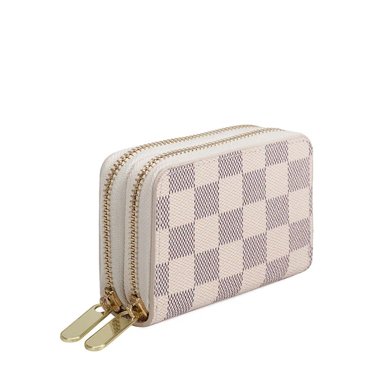 

High Quality Multi-function Double Zipper Short Wallet Unisex Plaid Handbag, Black/coffee/beige