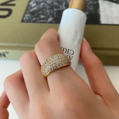 

European Luxury Diamond Magic Crystal S925 Wide Band Ring 18K Gold Plated CZ Paved Open Rings