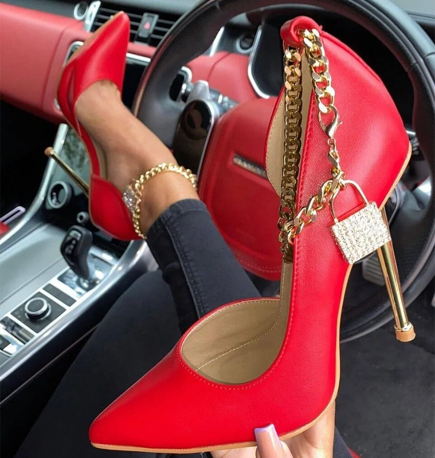 

Women Pumps PU Leather Pointed Toe Slip On Ladies Office Shoes Metal Chain Ornament Solid Black Stiletto Women Heels, Red,black,apricot