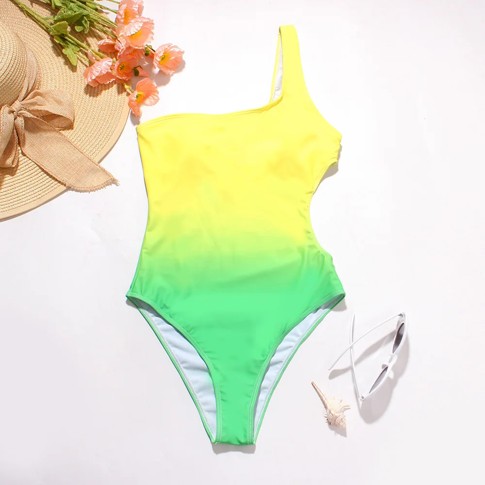 

Factory Hot Sale OEM Design 2022 Women Bikini One Shoulder Color Gradient Sexy One Piece Swimsuit Swimming Suit, Customized color