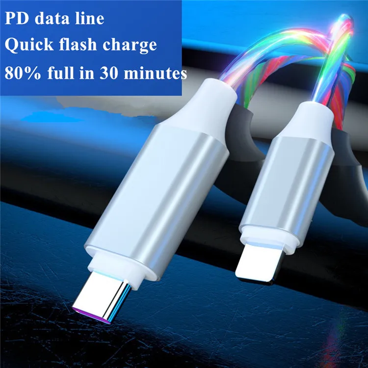 

High Quality Flowing LED Type C Phone Cable PD 3A Fast Mobile Phone Charger Quick Charging Cable for iPhone to Type C Data Cable