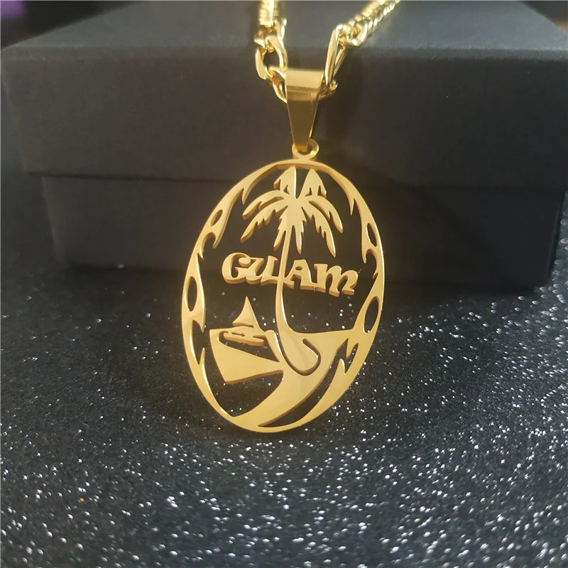 

Hawaiian Jewelry 18K Gold Plated Custom Hollow Oval Coconut Tree Guam necklace