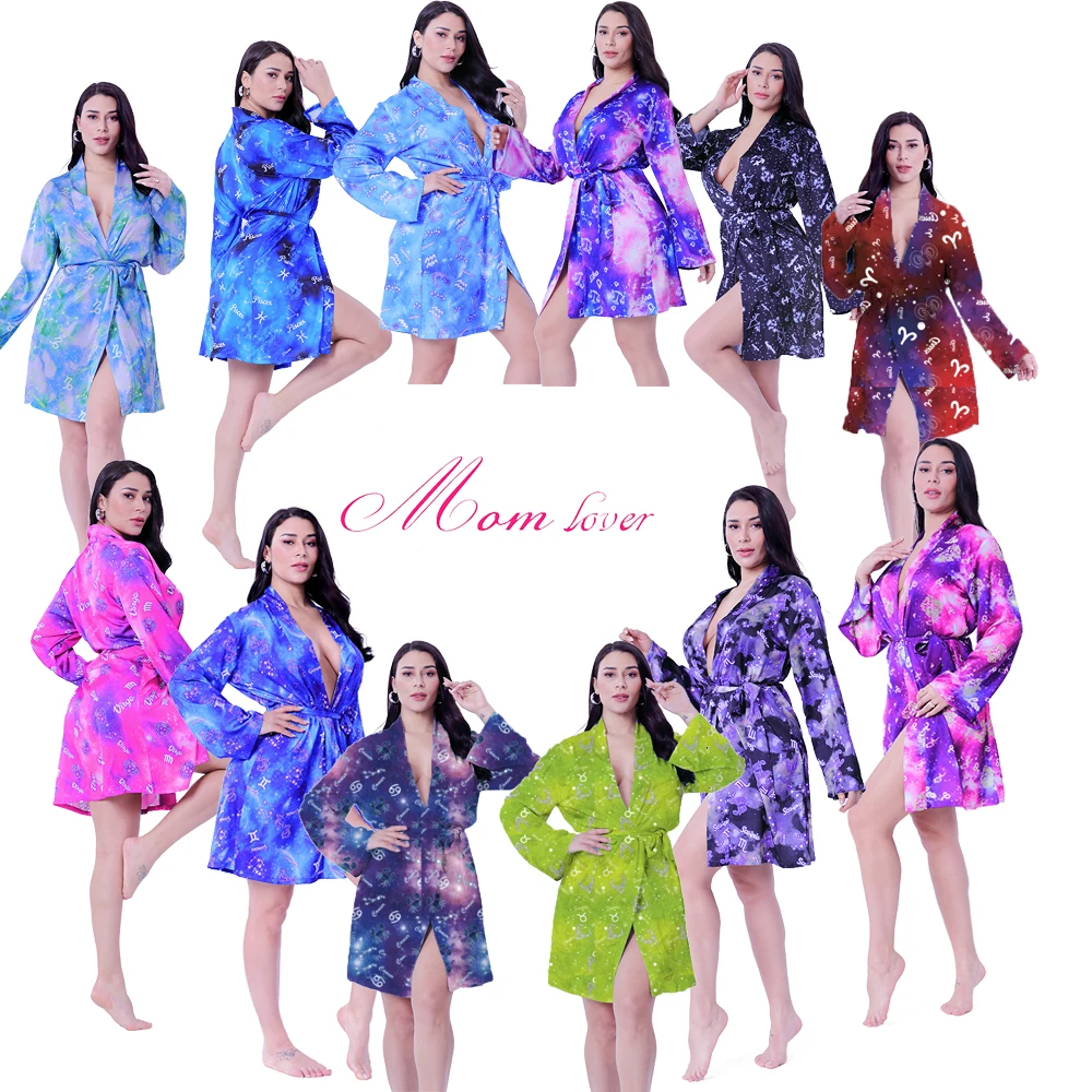 

2020 Mom Lover New 12 zodiac signs Money Silk Robe Money Boxes Satin Money constellation Purse Bag Match Women Robe, 6 colors
