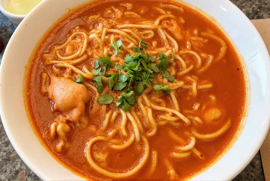 Bowl of ramen with visible cayenne pepper swirl in broth alongside traditional toppings like soft-boiled egg and nori