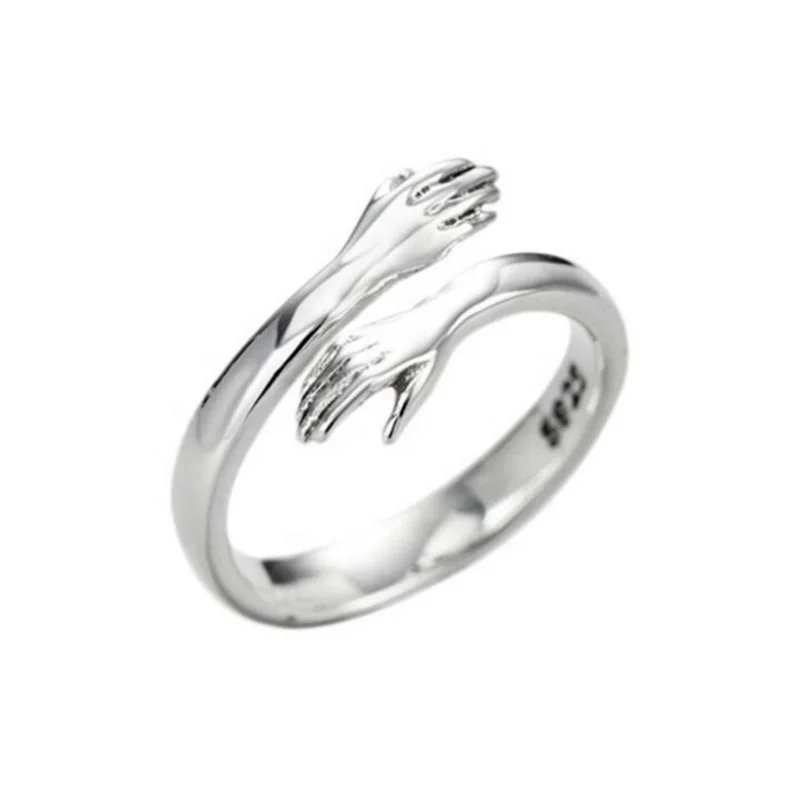 

Amazon Hot Sale Women And Men Rings Fashion Simple Jewelry Open Adjustable S925 Silver hug Hand Ring