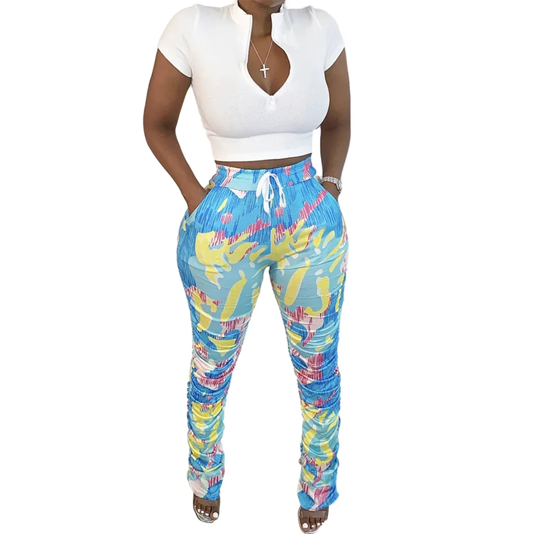 

Summer Wholesale Women Solid Color Stand-up Collar Top and Printed Pleated Pants Two-Piece Set