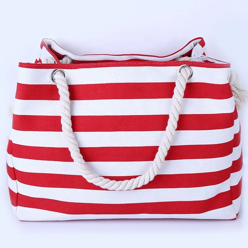 

Wholesale 2020 Factory supply Stripe Printed Large Capacity Canvas Tote Beach Bag with cotton rope handles Handbag