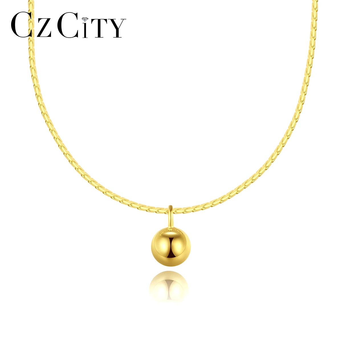 CZCITY 925 Sterling Silver Big Ball Pendant Necklace Snake Chain 14K Gold Plated Silver Necklaces Jewelry for Women