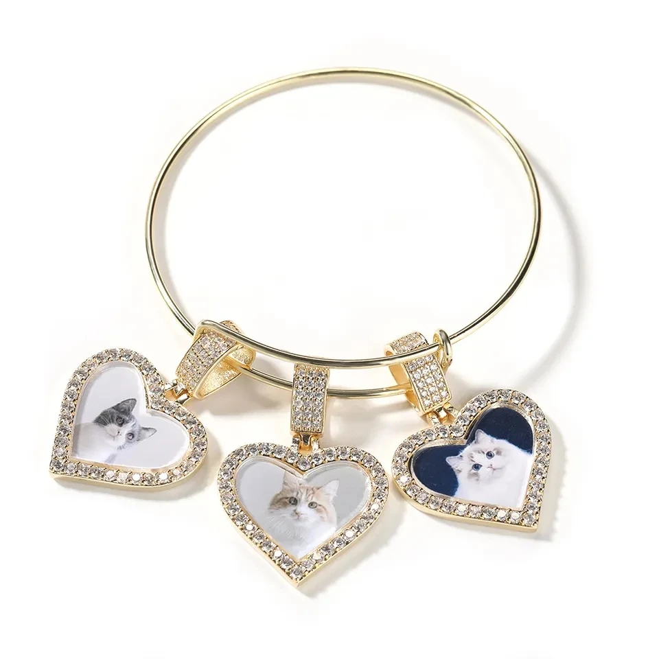 Wholesale Customizable Hip-Hop Jewelry Women Men's DIY Memory Bracelet with Heart Photo Pendant Charm Adjustable Bangle for Gift
