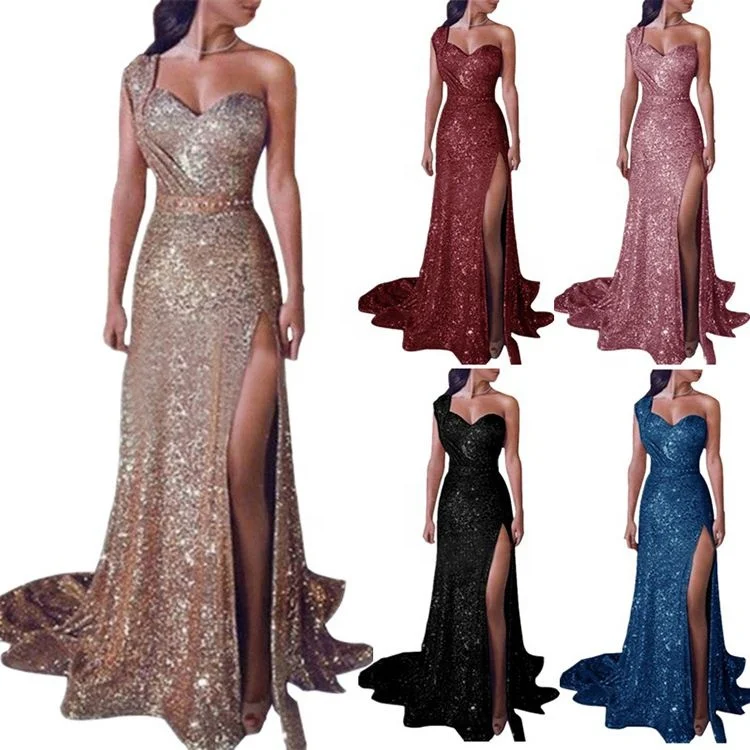 

2021 S-5XL Latest Design Solid Color One Shoulder Shining Sequin Party Dresses High Slit Full Length Maxi Women Evening Dresses