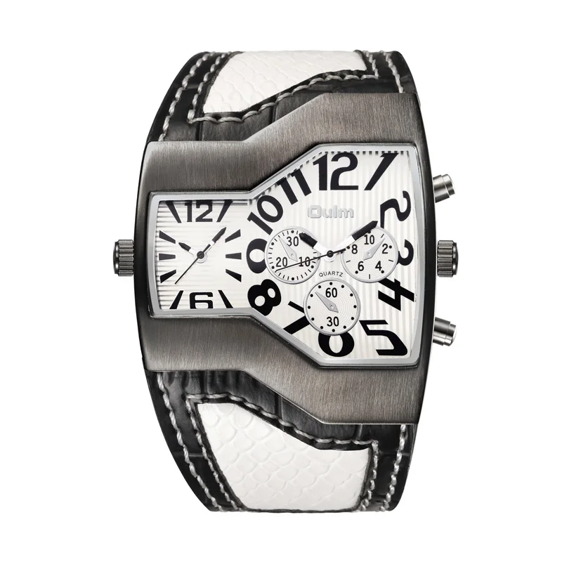 

Oulm 1220 unique red man quartz watch super PU leather band 2 time zone Chrono personality wristband watch set