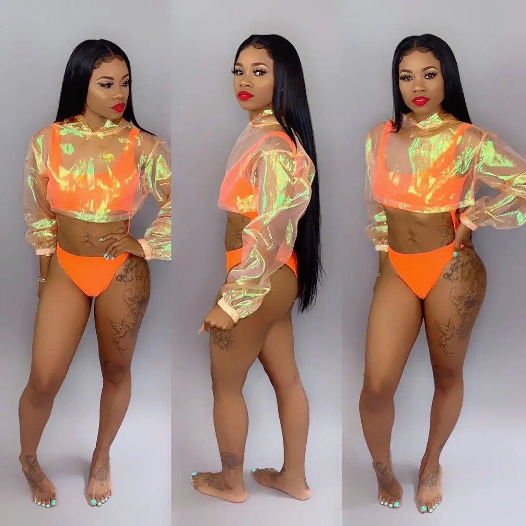 

2021 Designer Sexy Transparent Hollow Out Custom 3 Piece Bikini Bathing Suits Coverup Beachwear Women Swimwear Set Swimsuit, Orange, green