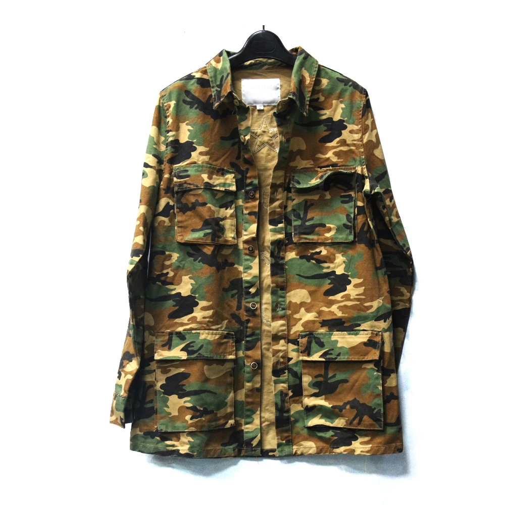 

Hot selling long type print camo denim jacket for man