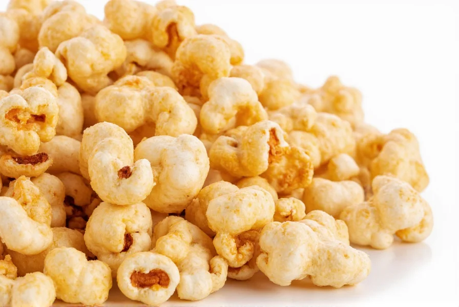 Close-up of Popcorners Cinnamon snack pieces showing their light golden color and crispy texture on a white background