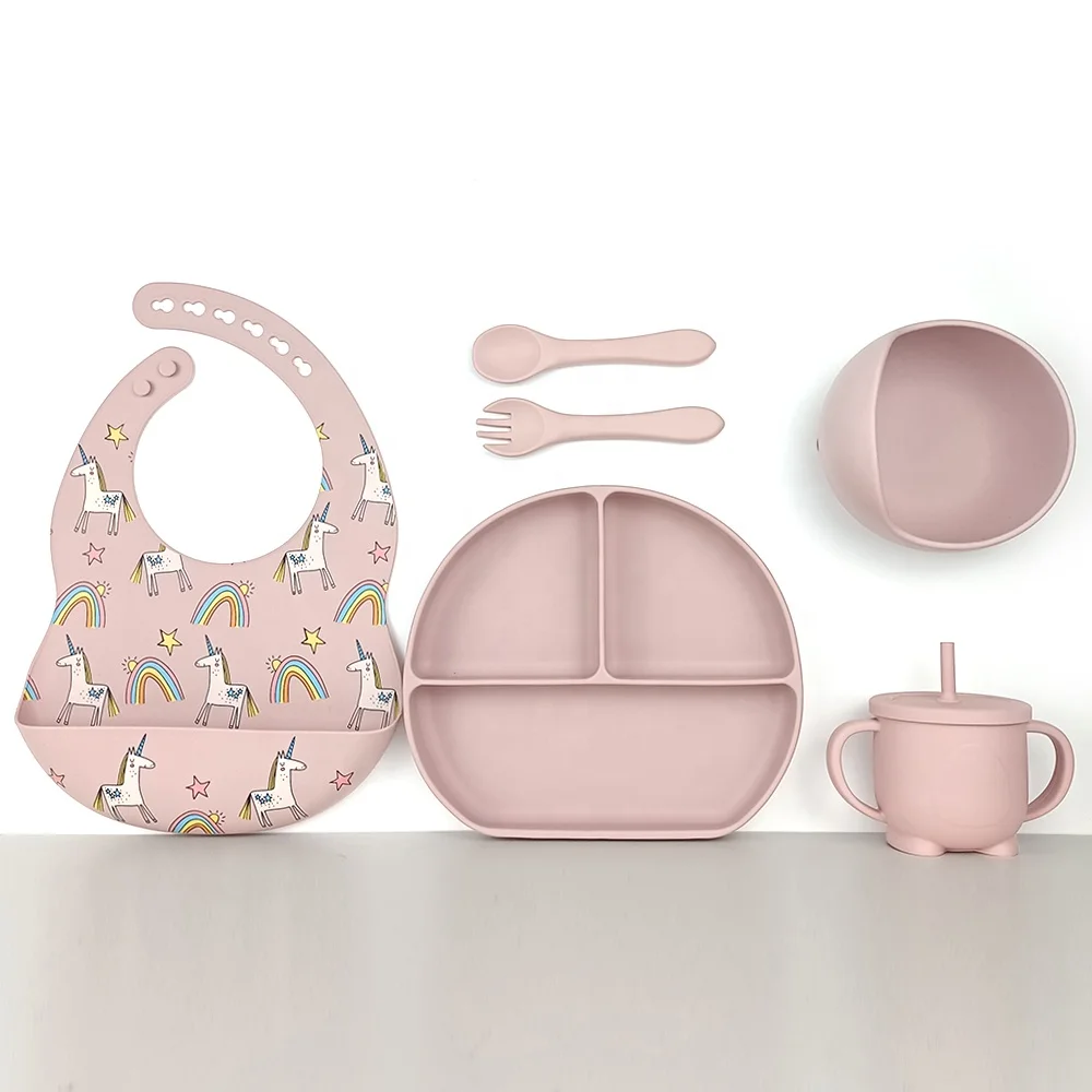 

6PC Baby Feeding Set Silicone New Arrival Eco-friendly Printing Silicone Sublimation Blank Baby Bibs And Bowl Set Spoon, Customized color