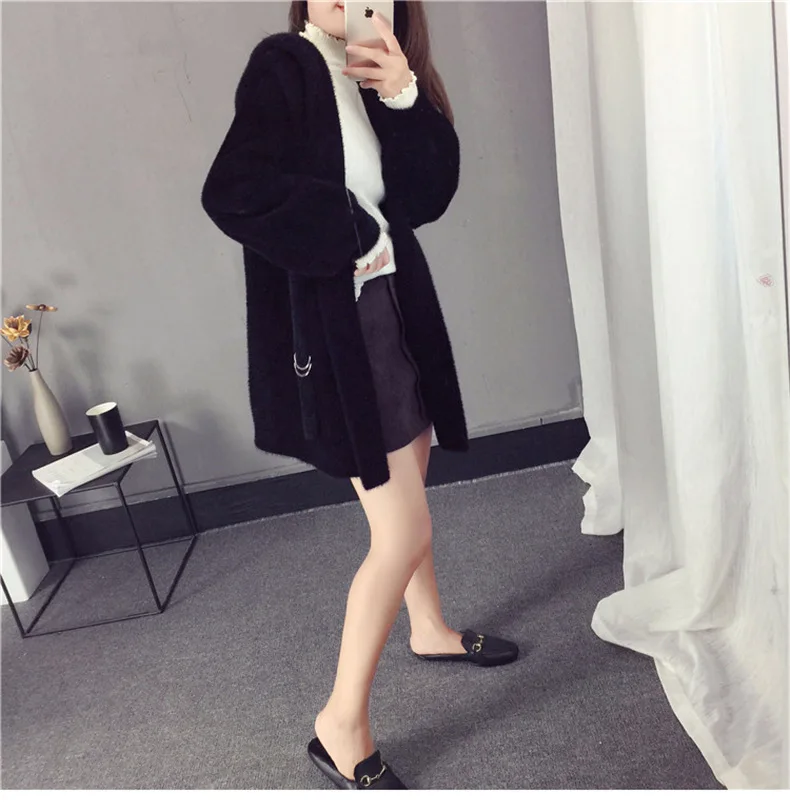 

wholesale button velvet Knit sweater women with belt hooded heavy cardigan coat winter