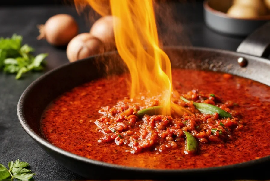 Chef blooming chili paste in hot oil with garlic and shallots