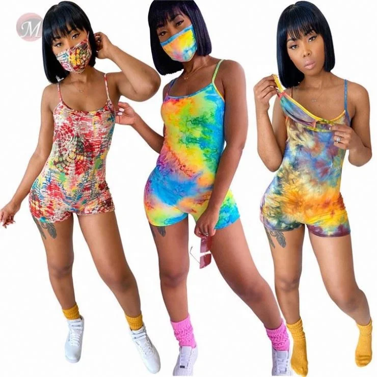 

Hot Selling Summer Sexy Slip Lady Tie Dye Women One Piece Short Jumpsuits And Rompers Bodycon Bodysuits