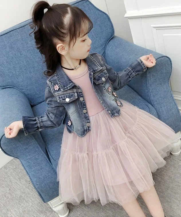

P109040 Baby Girl 2PCS Clothing Set Autumn Kids Denim jacket and children's gauze skirt set