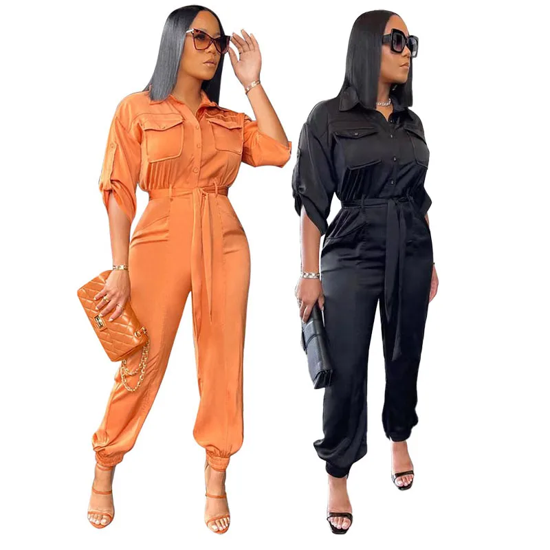 

2022 New Arrivals Womens Plus Size Pocket Jumpsuits Ladies Fashion Satin Oversized Cargo Pants For Women