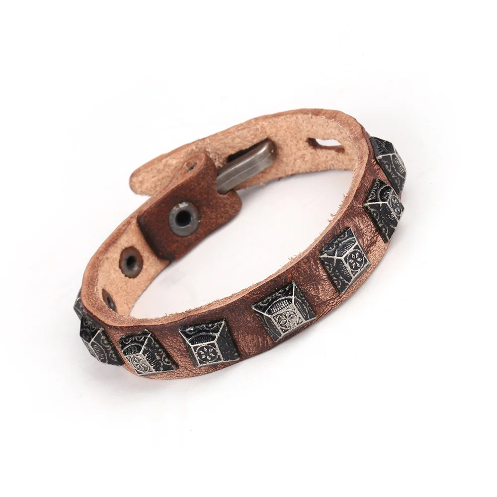 

Special Offer Stock Wholesale New Punk Retro Adjustable Geometric Print Rivets Leather Bracelet Men For Men's Jewelry