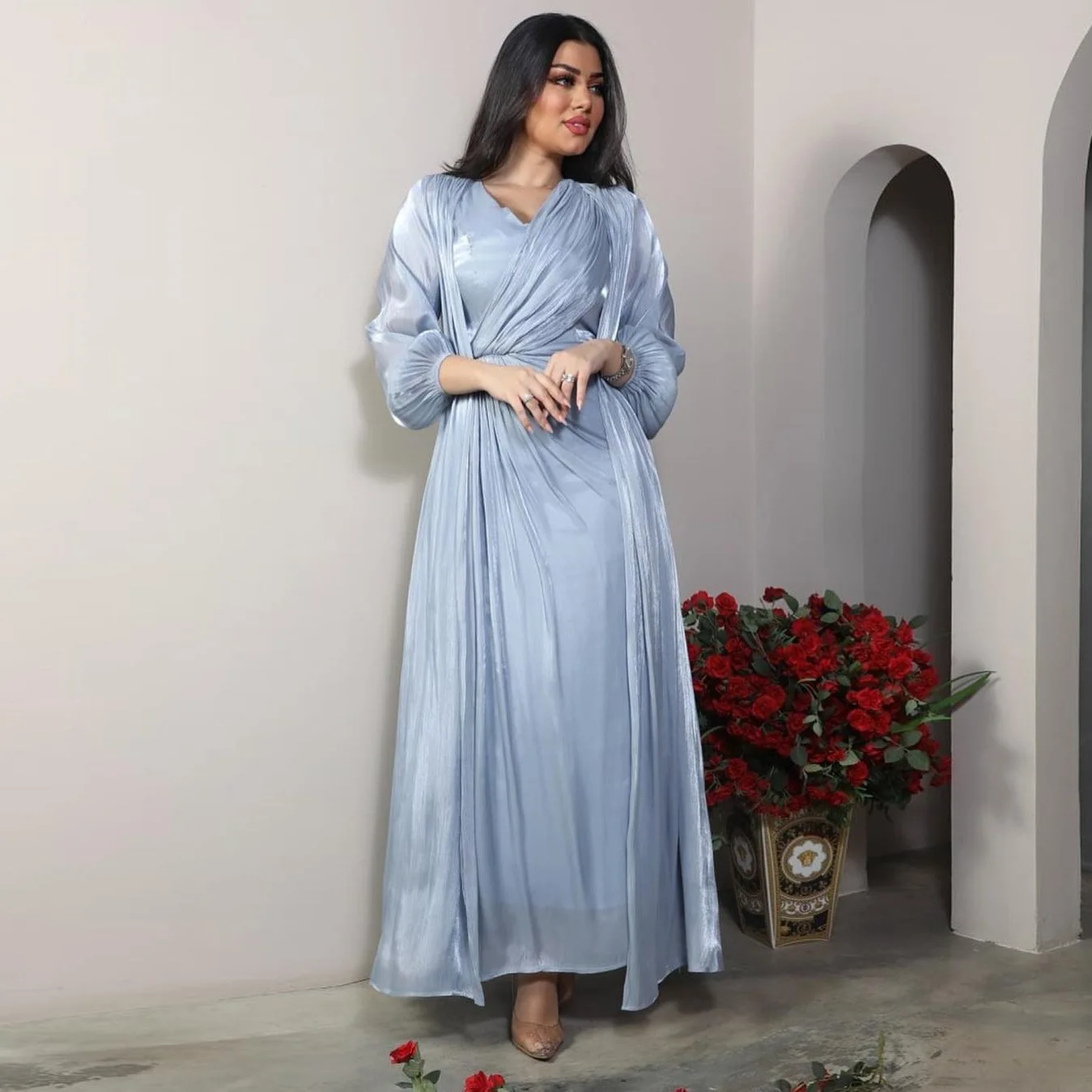 

Arab Turkish Dubai Plain Multi Colors Latest Designs Modest Silk Dress Muslim Women Islamic Dresses 2 Pieces Set Abaya Morocca