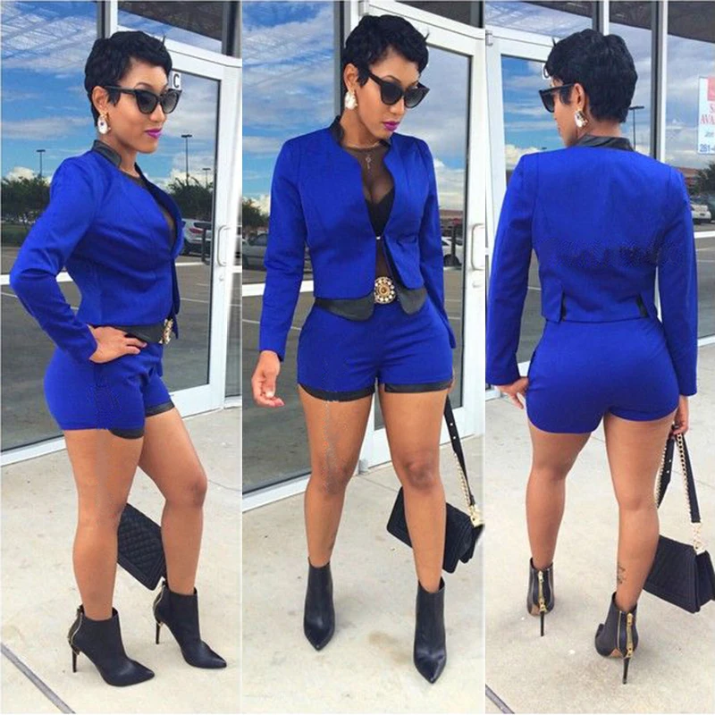 

M0353 Stylish solid color slim woman two-piece set with round neck long sleeves and short coat and shorts