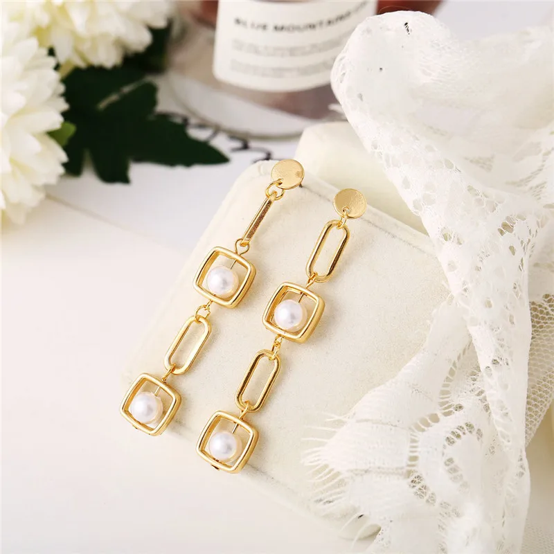 

5241 Asymmetric geometric drop earring cool stylish pearl stud earrings long retro rectangle alloy jewelry earrings for women