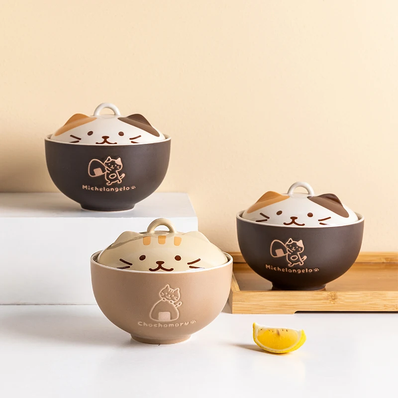 

Cute Ceramic Noodle Bowl Cat Shape Fruit Vegetable Salad Dessert Soup Rice Namen Bowls With Lid Dinnerware Home Restaurant Use