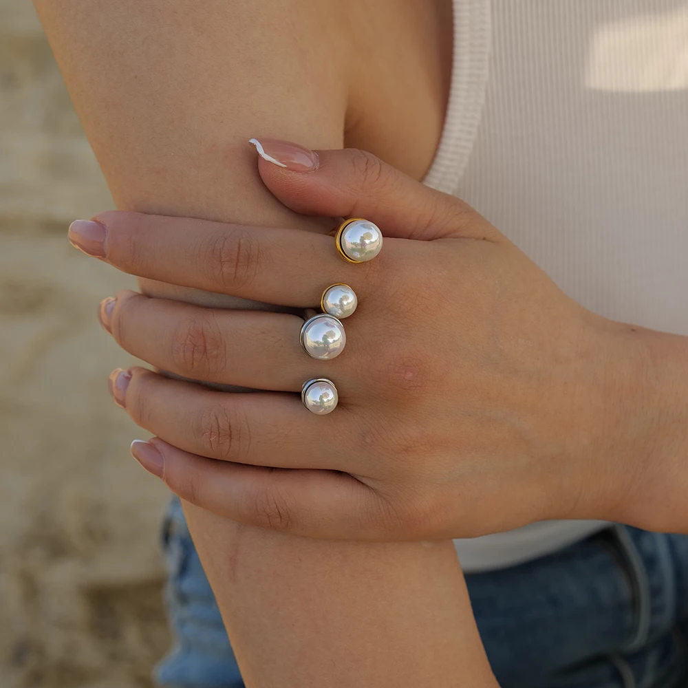 

New Arrival Geometric 18K Gold Plated Stainless Steel Two White Pearls Stacking Open Ring for Girls