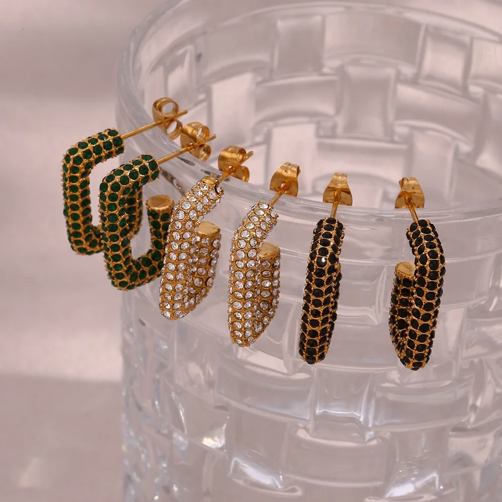 

Luxury Sparkle Rectangle Micro Pave Shining Zircon Hoop Earring 18K Gold Plated Stainless Steel Open Earring For Women