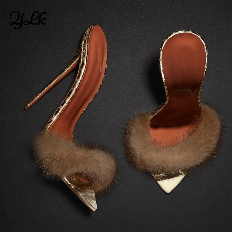

Luxury mink fur spike ladies women shoes high heels sandals 2021 slipper mules shoes