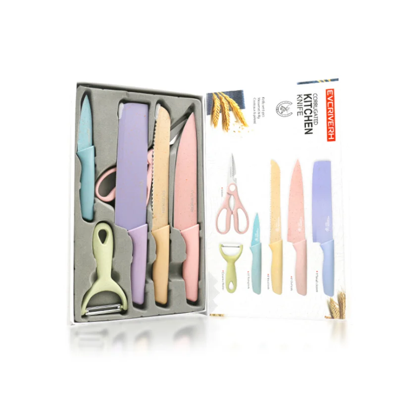 

2021 Stainless Steel 6pcs kitchen Knife Set in wheat straw handle, Customized color