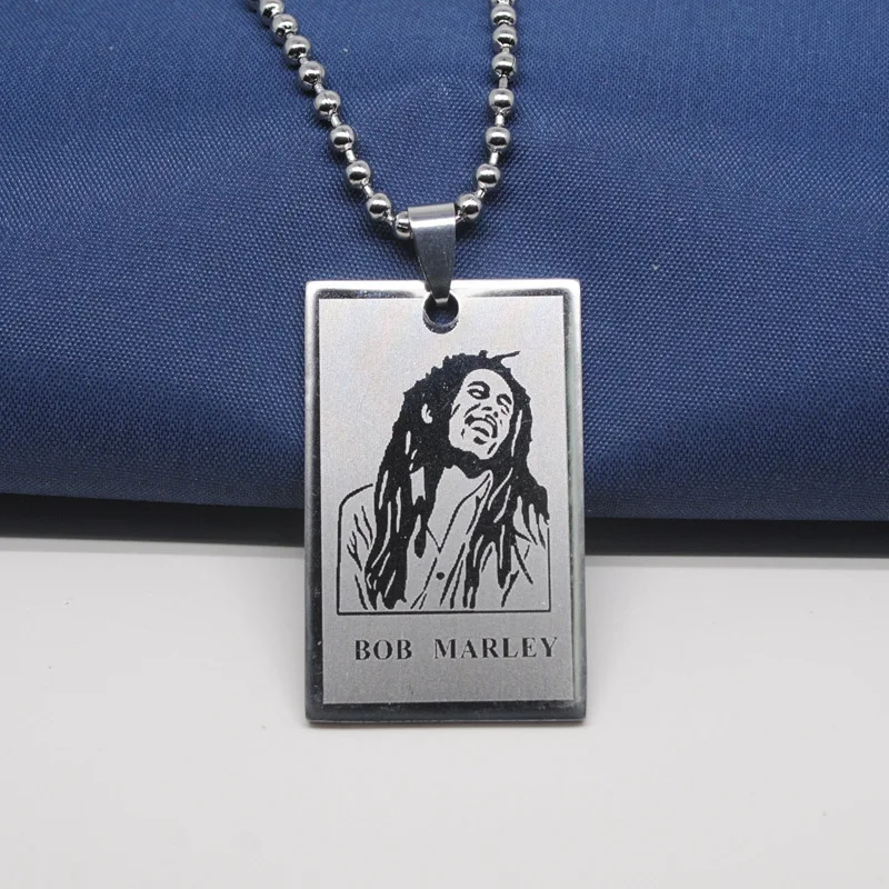 

Fashion New Hip Hop Reggae Singer Bob Marley Stainless Steel Pendant Dog-Tag Necklace, Silver