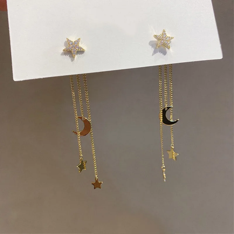 

2021 New Creative Fashion Long Chain Star Moon Earrings Korean Geometric Women's Long Earrings, As the picture