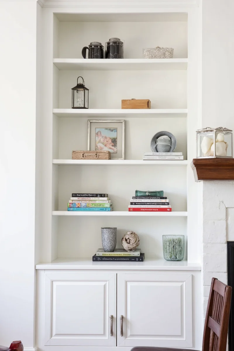 Close-up of white built-in bookcase with crown molding and LED lights inside