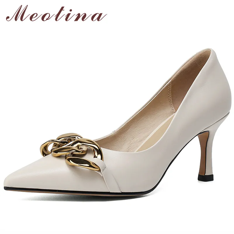 

Meotina Genuine Leather High Heels Stiletto Heel Women Shoes Metal Decoration Pointed Toe Pumps Office Ladies Footwear Beige 40 Pumps