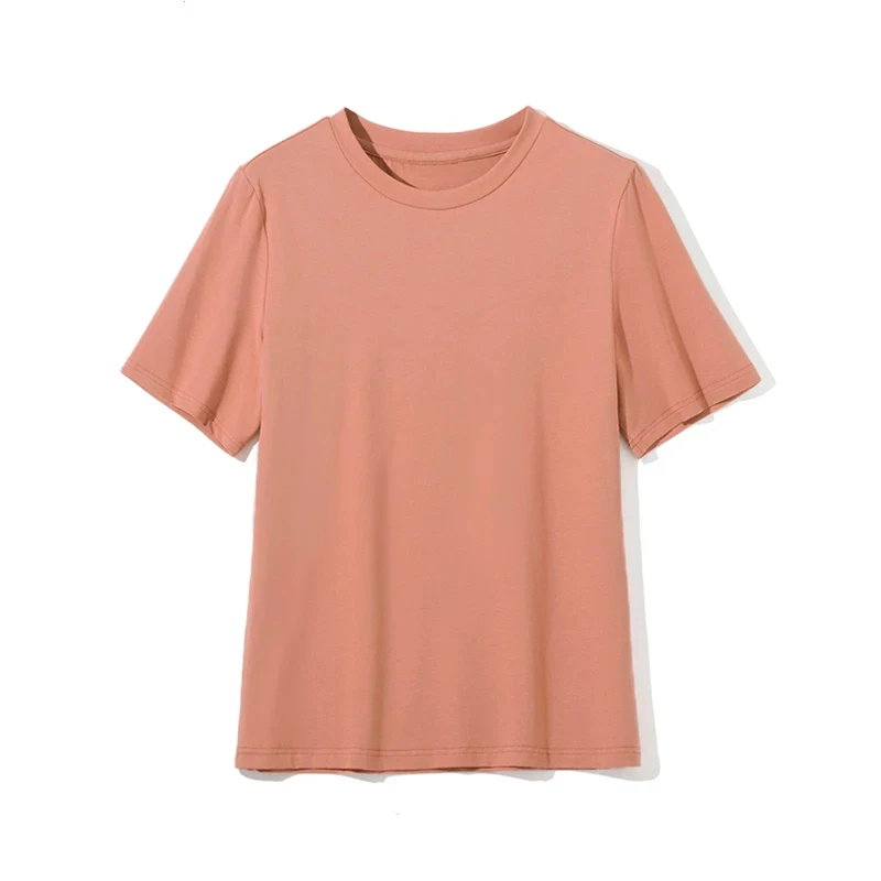 

Solid Casual Basic Plain Shirt Summer Short Sleeve Cotton Heavyweight T Shirt O-Neck Woman Tops T Shirts